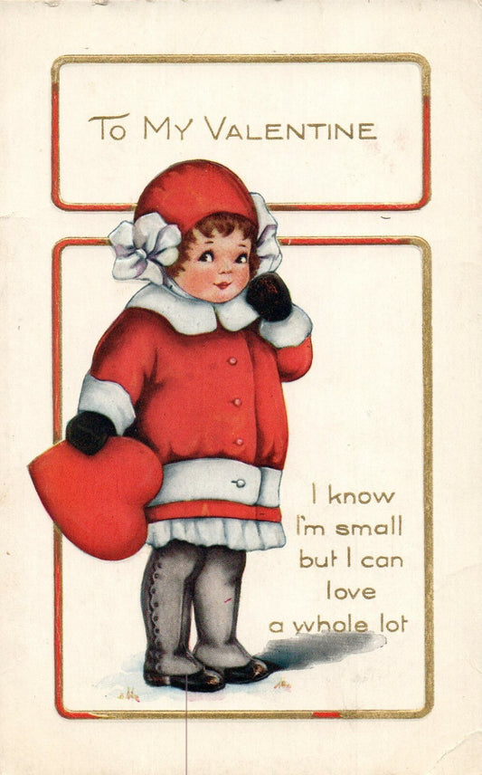 Girl Dressed In Red Holding Heart With Lots Of Love Valentine Greetings Postcard