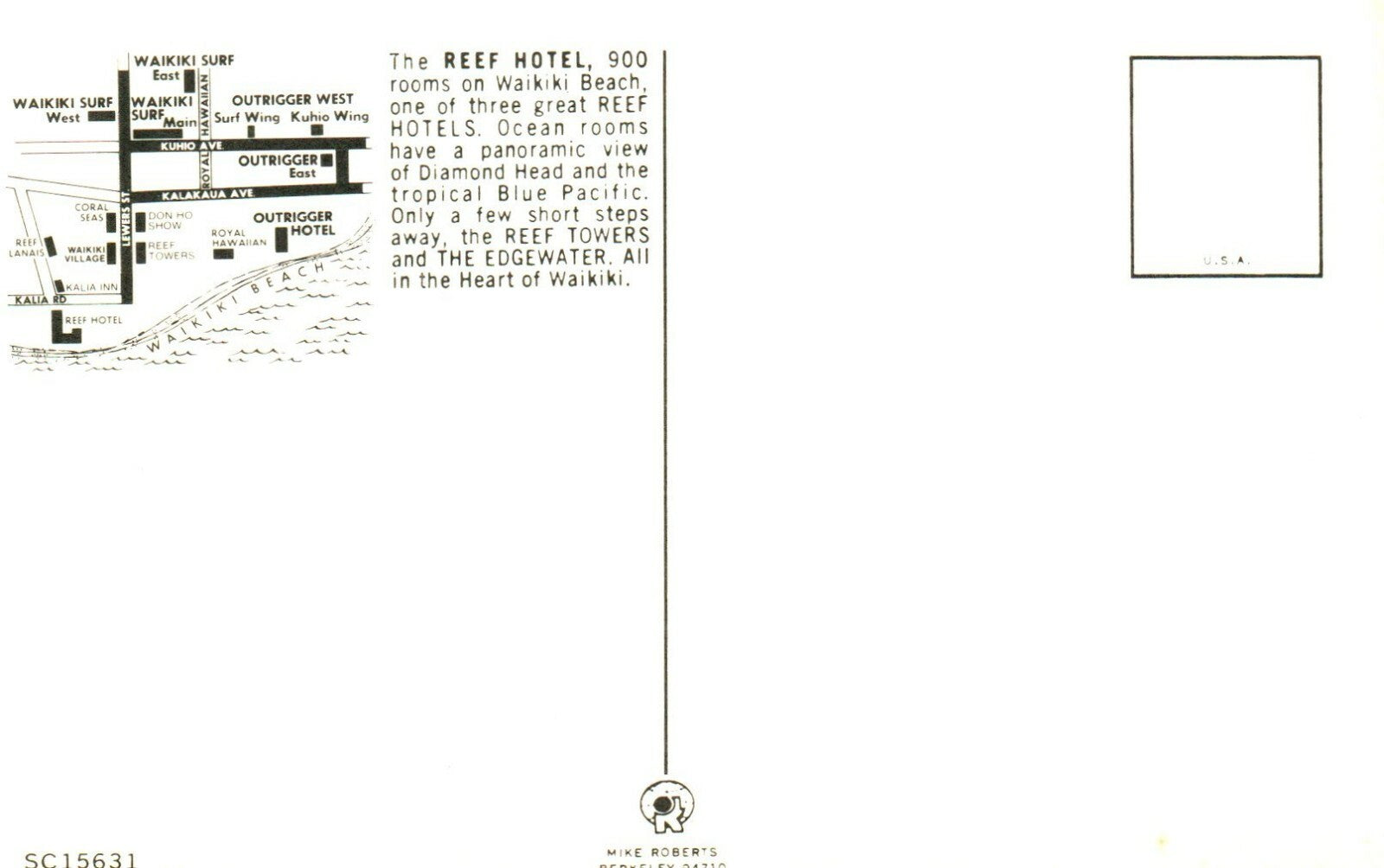 Reef Hotel Waikiki Beach Honolulu Hawaii Motel Postcard