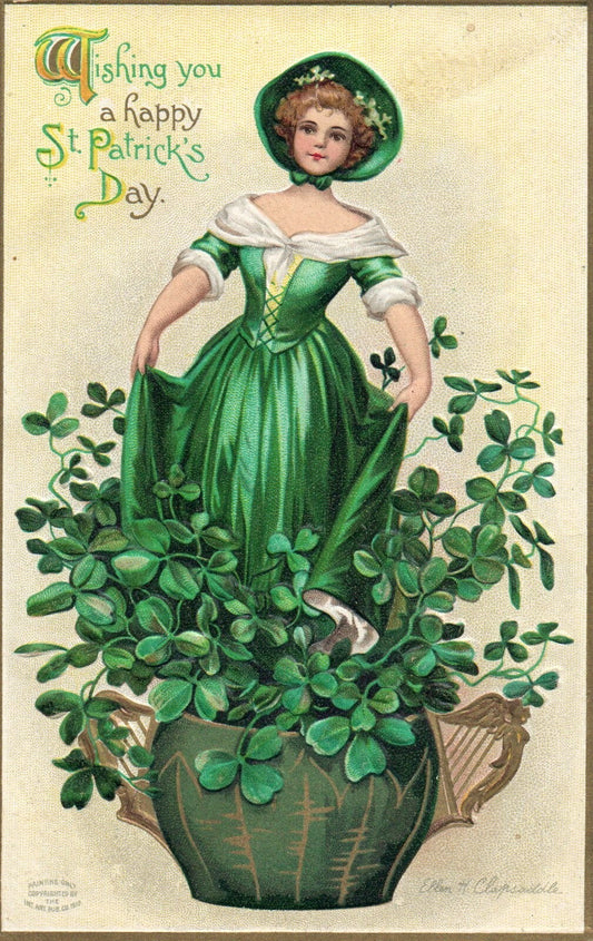 St Pats Post Card Pretty Lady Clovers