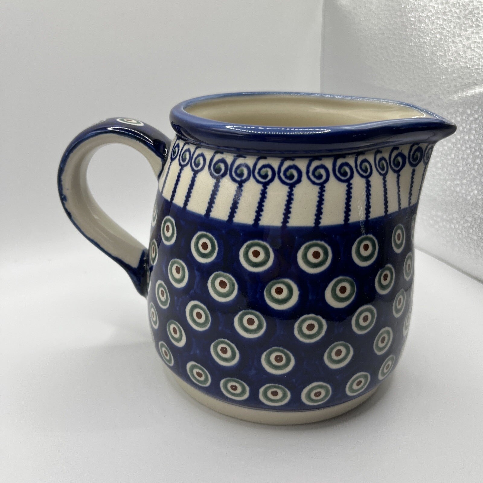 New Polish Pottery Boleslawiec Water Pitcher 5” High Blue Flower Authentic