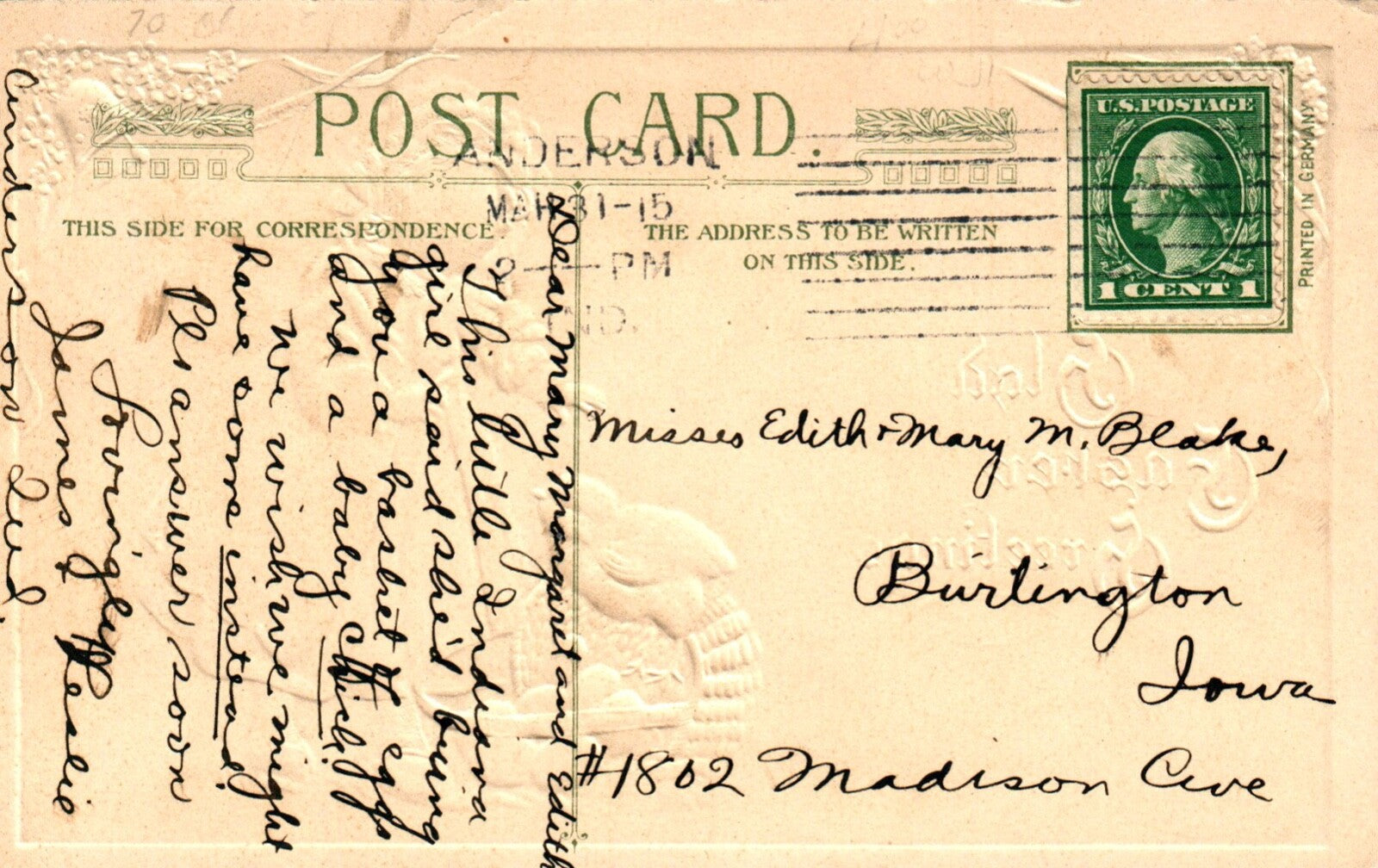 John Winsch Glad Easter Greetings Little Girl With Chick & Eggs Vintage Postcard