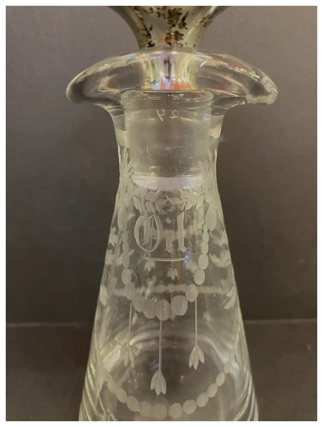 Sterling Silver Stopper 1920 Hawkes Cut Glass Engraved Oil Vinegar Bottle Cruet