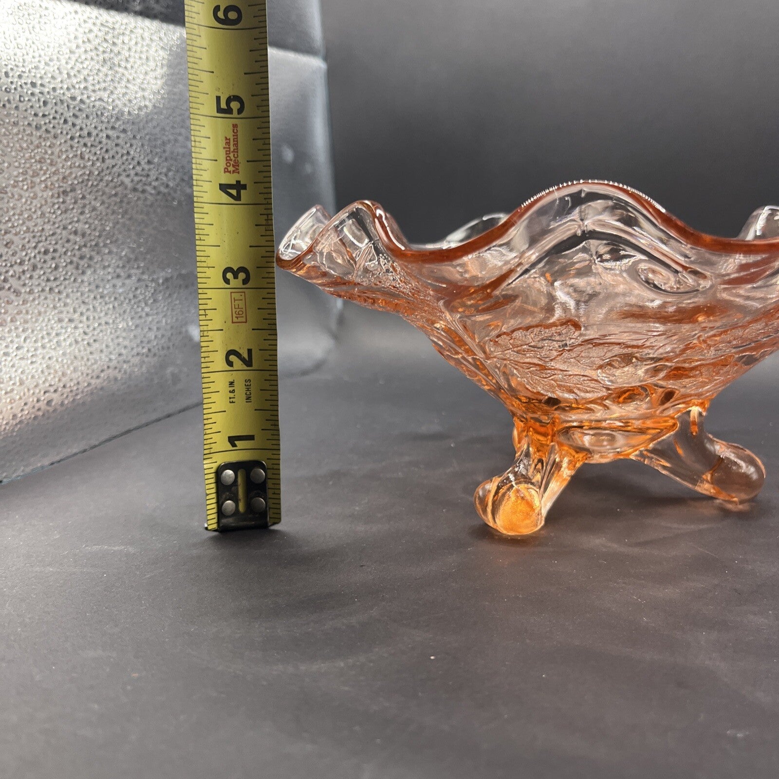 Pink Depression Glass Candy Serving Bowl Footed Cherries Leaves Ruffled Edge