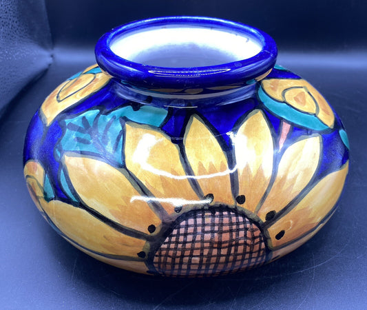 vintage 9" Terracotta Pottery Planter Vase Mexican Talavera 1980's Sunflower