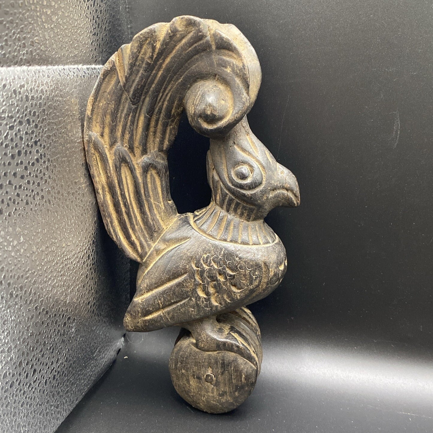 8" Antique Primitive Carved Wood Weaving Loom Pulley  Burmese Burma Bird