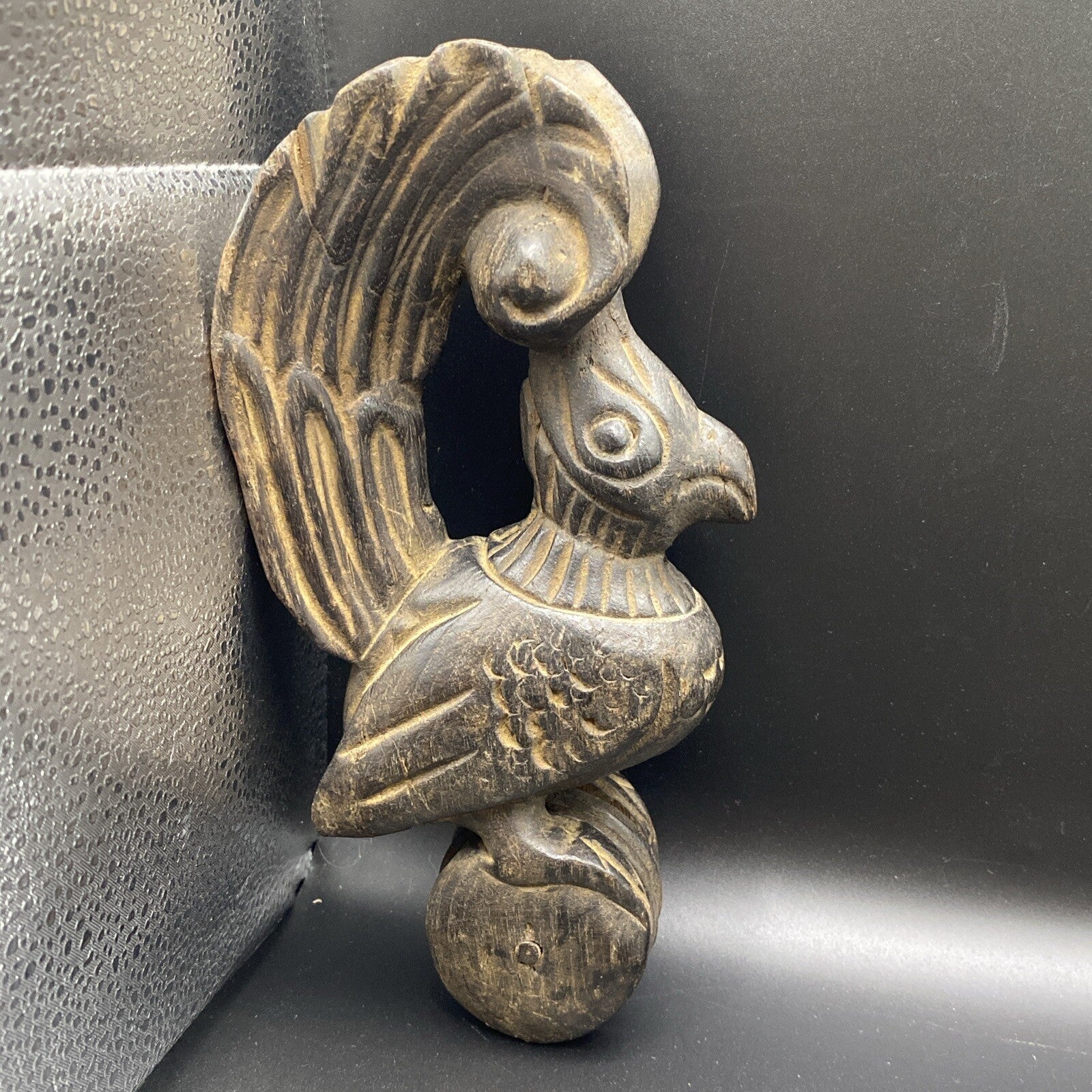 8" Antique Primitive Carved Wood Weaving Loom Pulley  Burmese Burma Bird