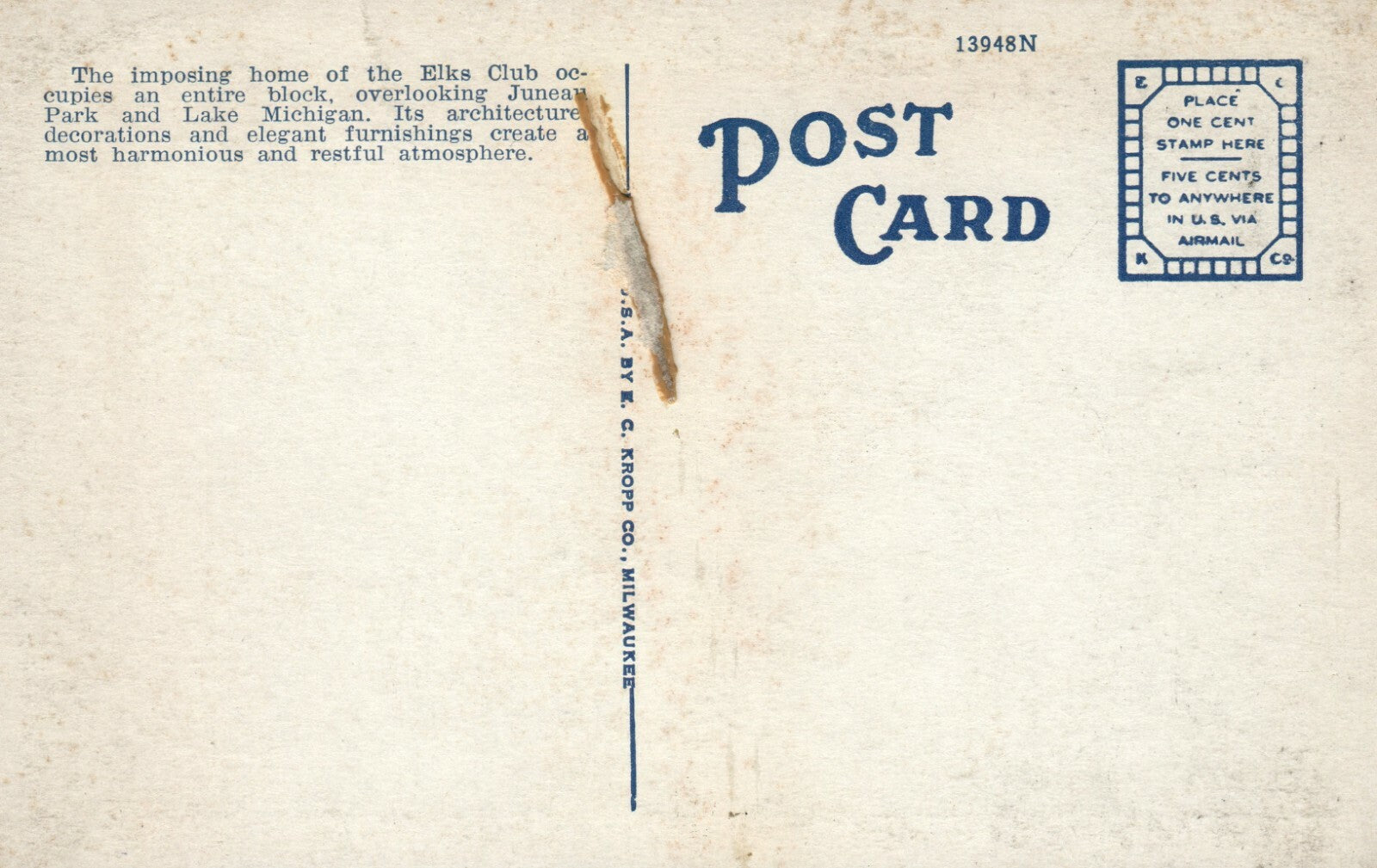 Elks Club Jeanau Park Milwaukee WIS Wisconsin Postcard