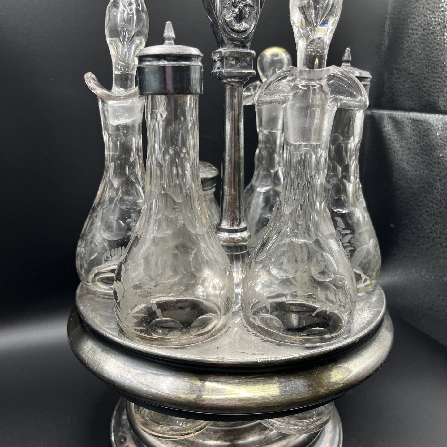 Vintage 6 Pc Condiment castor w/ Etched Glass 14.25"H.