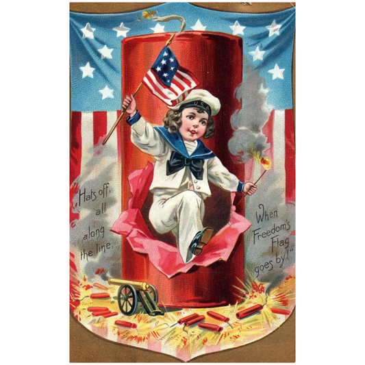 Little Boy With Fireworks Vintage Patriotic Fourth of July Postcard