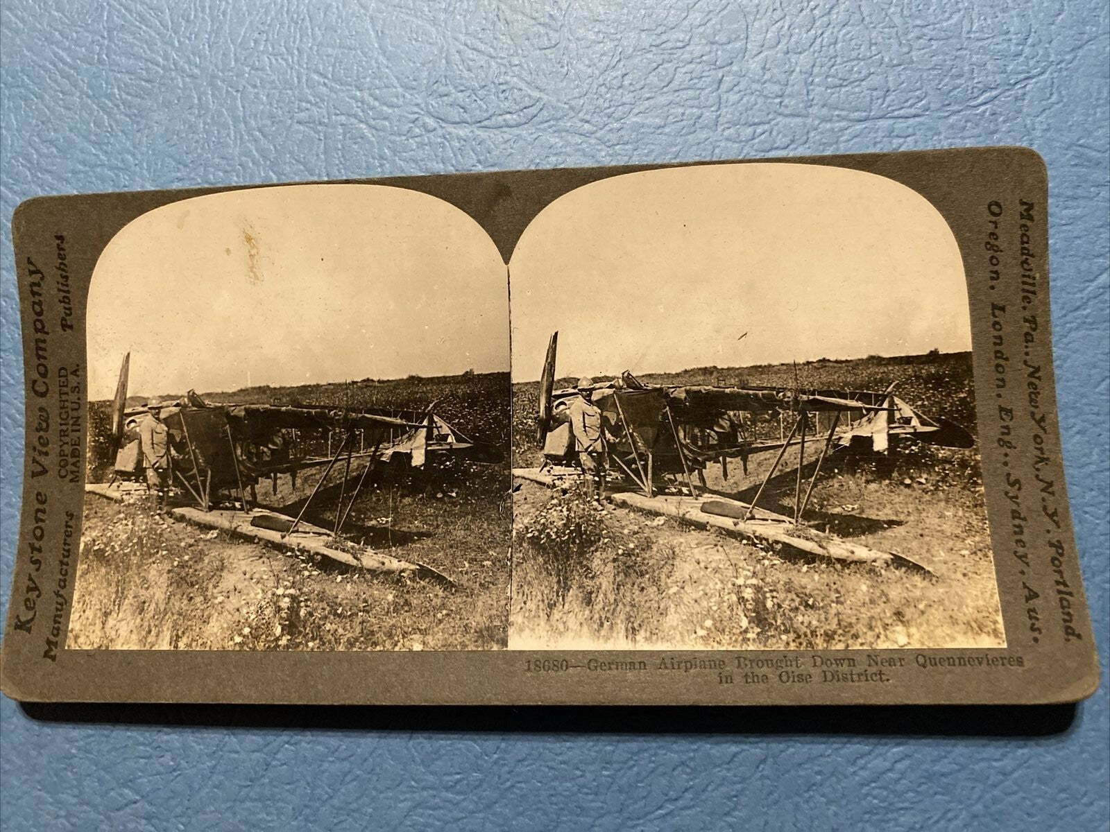 Real Photo Stereoview German Airplane Brought down Quennesevieres 18080