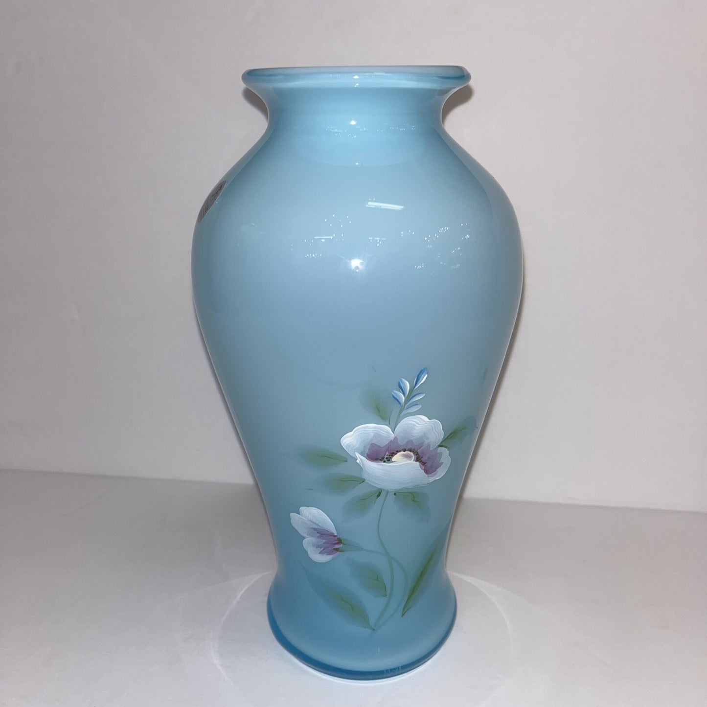 FENTON ART GLASS 2002 BLUE TOPAZ OVERLAY HAND PAINTED 9.5" VASE ~WILLIAMS