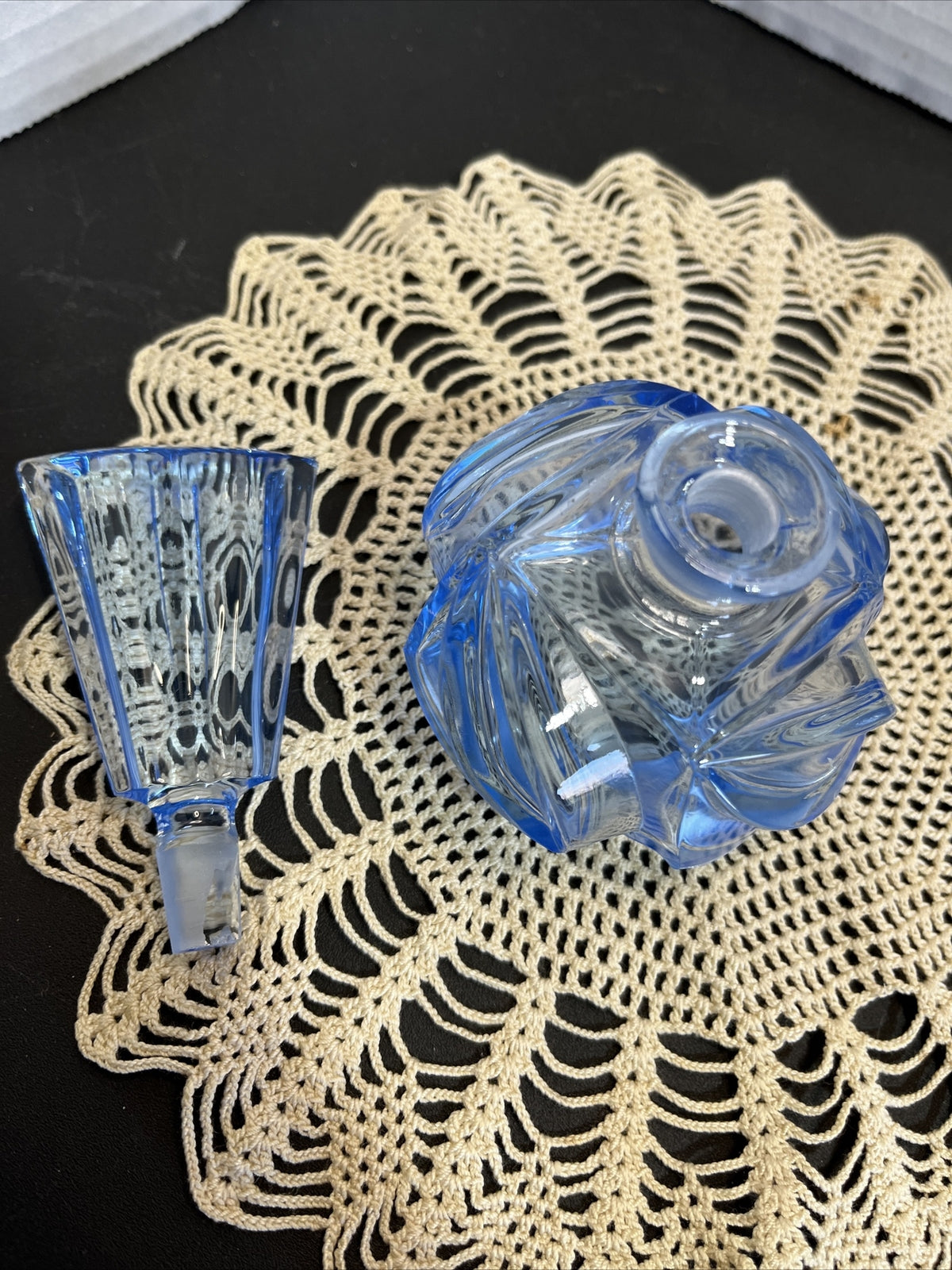 Antique Vintage Glass~German Cut  Blue Perfume Bottle and Stopper