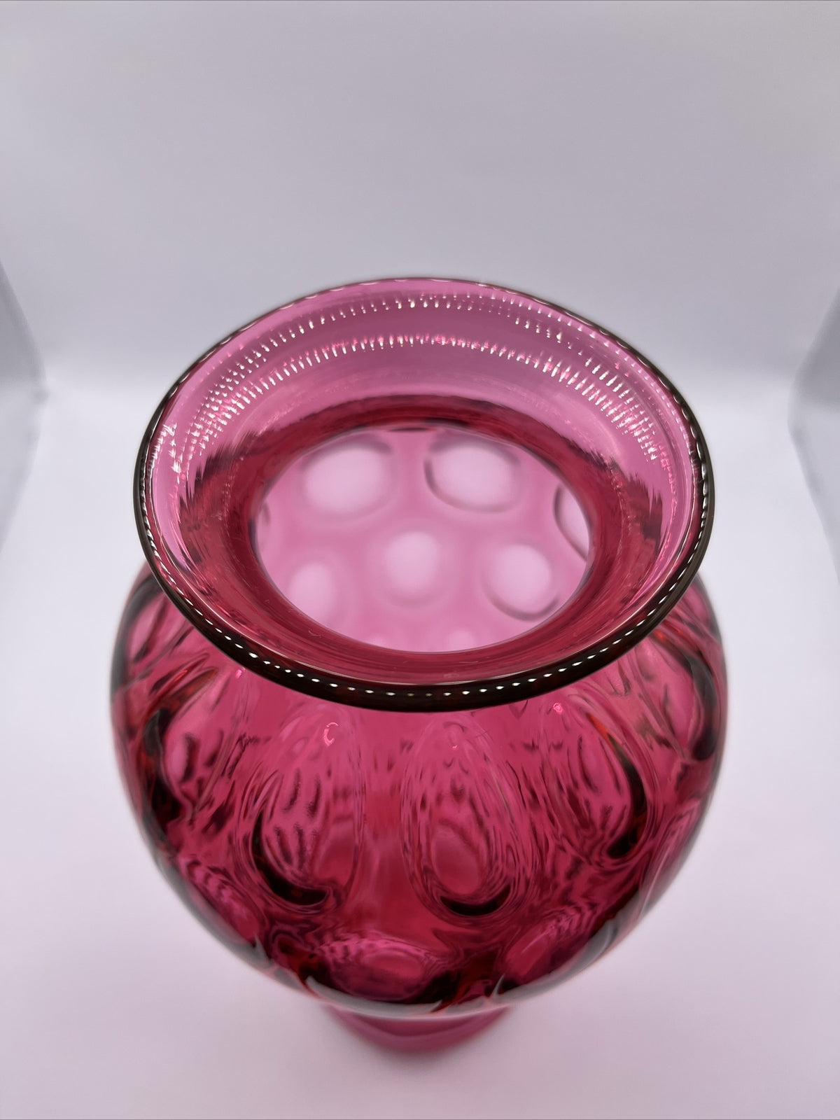 Fenton Cranberry Glass Inverted Thumbprint Vase Original Sticker 9.34”