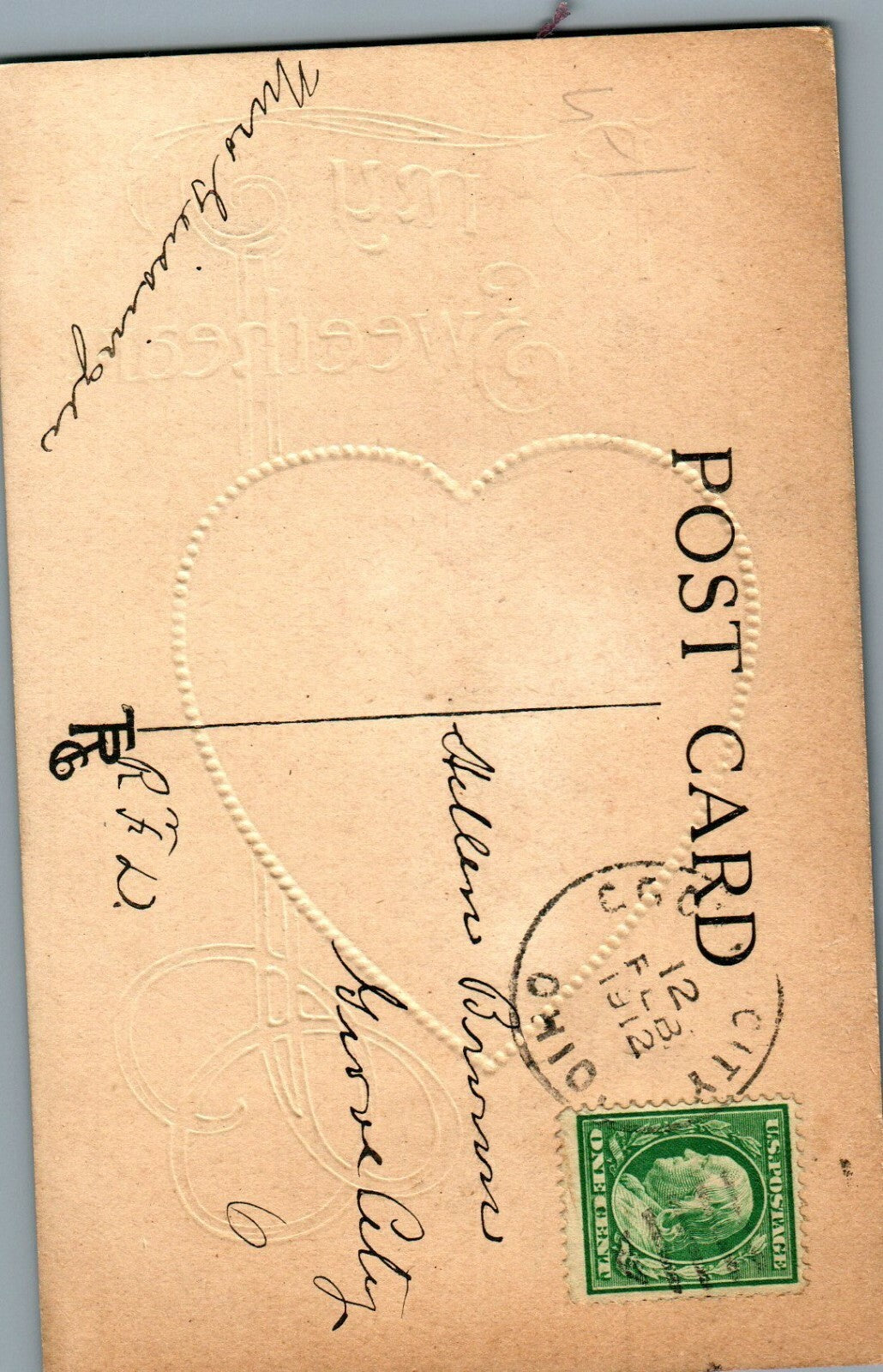 Cupid Holding Basket Of Pink Roses & Arrow White & Gold Heart Valentine Postcard