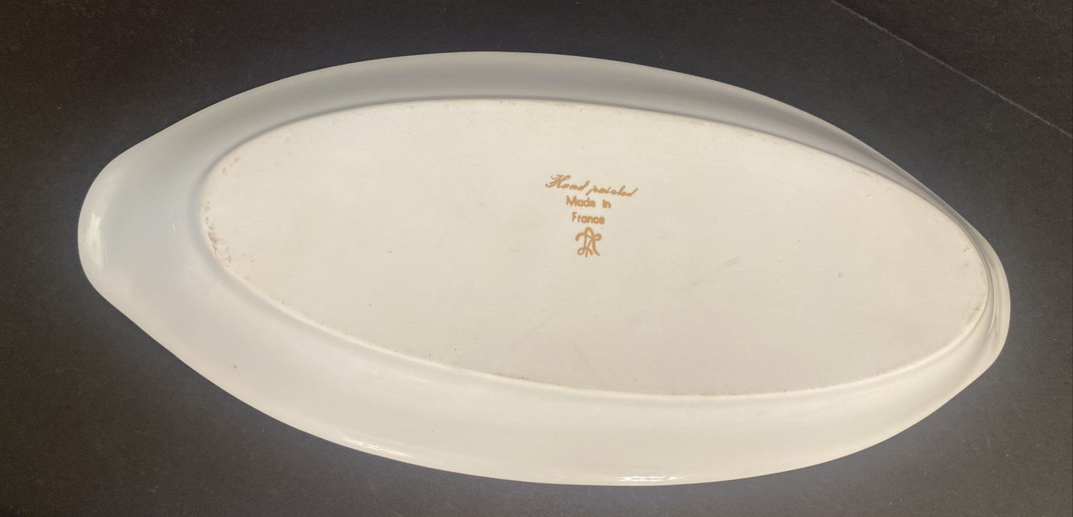 Vintage French Oval White Gold Serving Dish Hand Painted