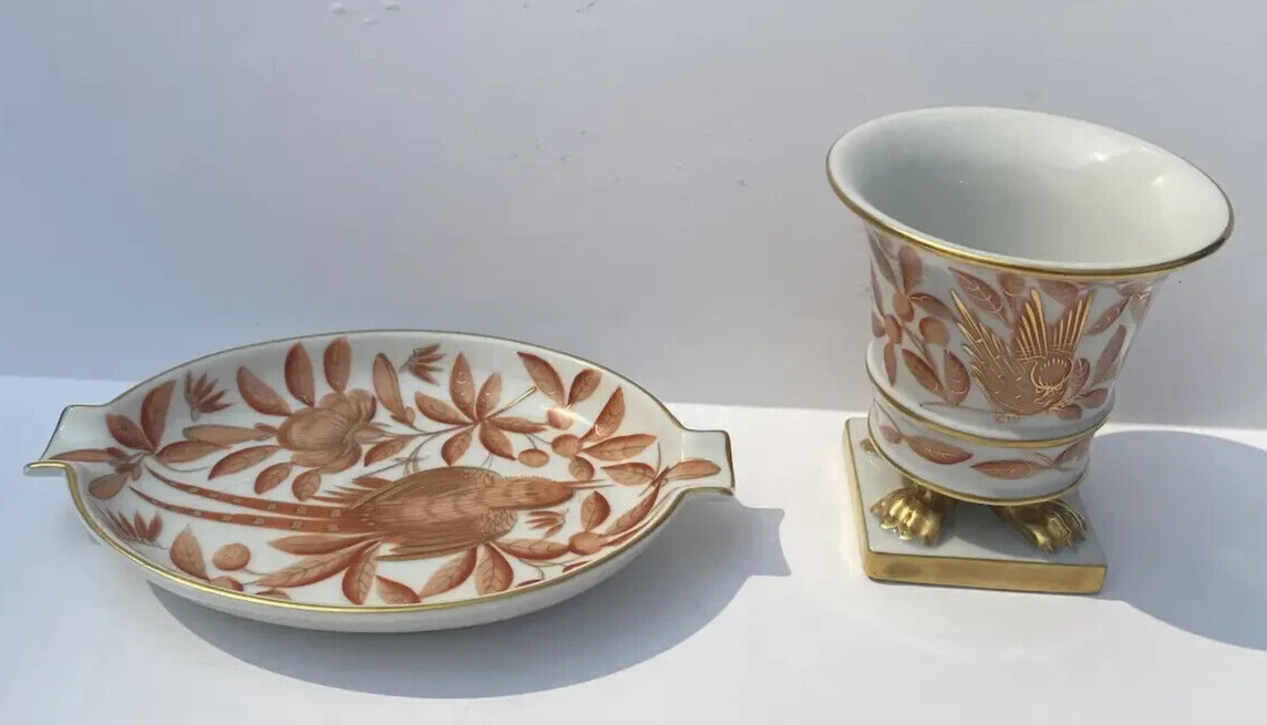 Vintage Herend Hungary Porcelain Small Footed Cache Vase Matching Ashtray Bird