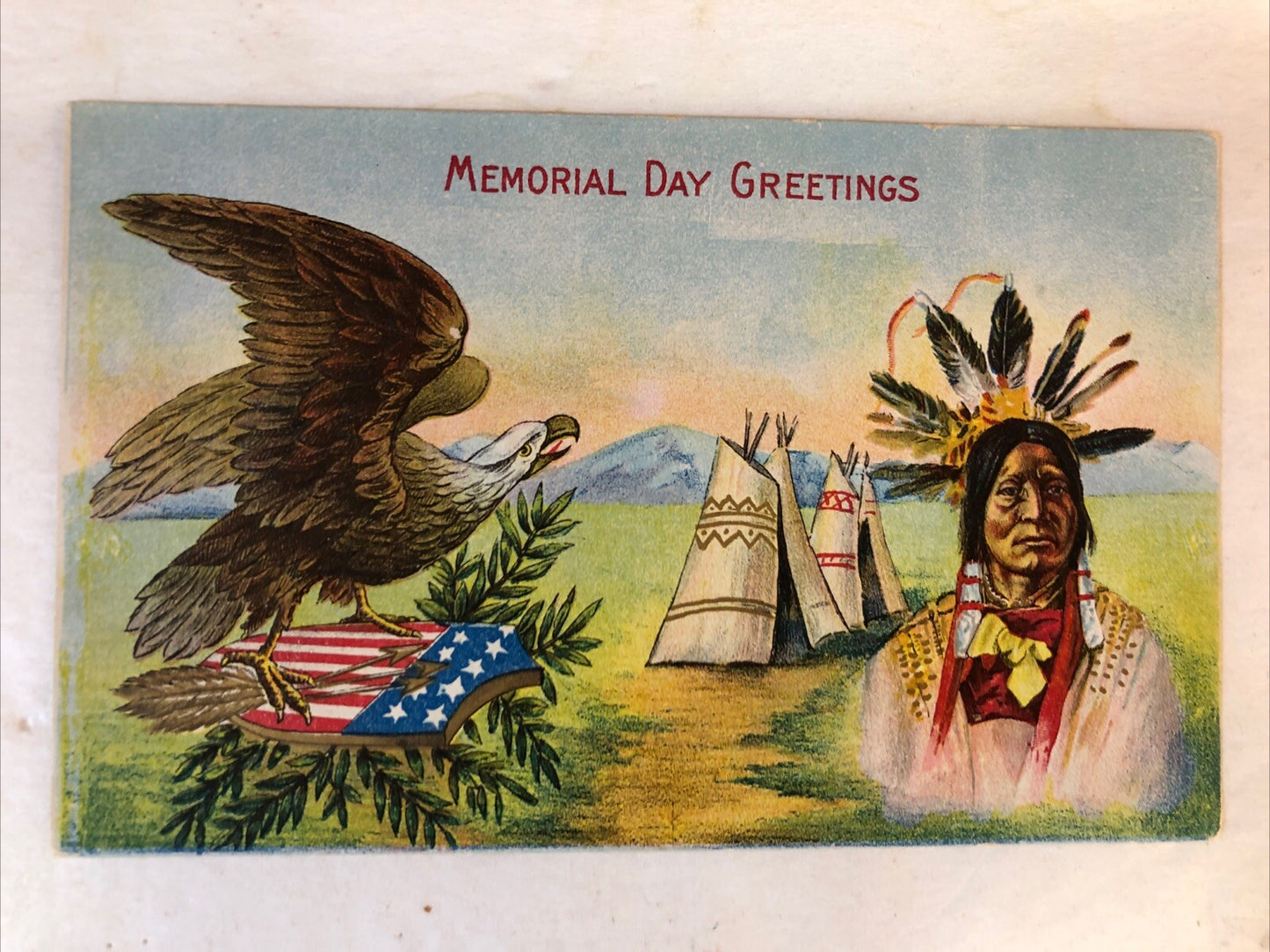 Memorial Day Greetings Bald Eagle and American Indian Patriotic Postcard