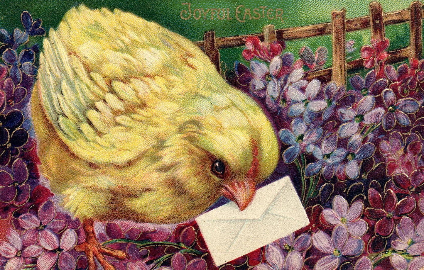 Joyful Easter Little Chick Delivering Letter Gloss Vintage Easter Postcard