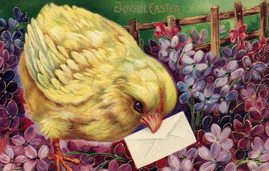 Joyful Easter Little Chick Delivering Letter Gloss Vintage Easter Postcard