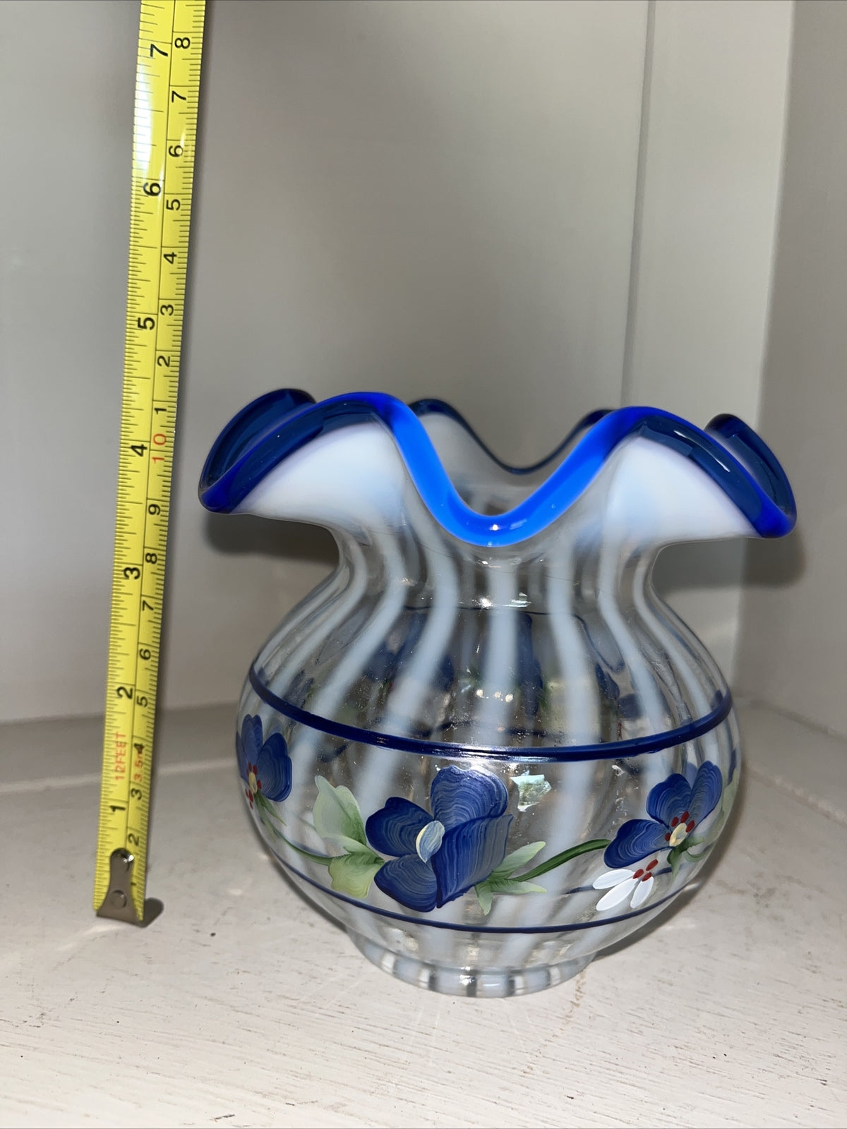 Fenton Spiral Optic Opalescent Glass Blue Crest Hand Painted Floral 4 1/2" Vase