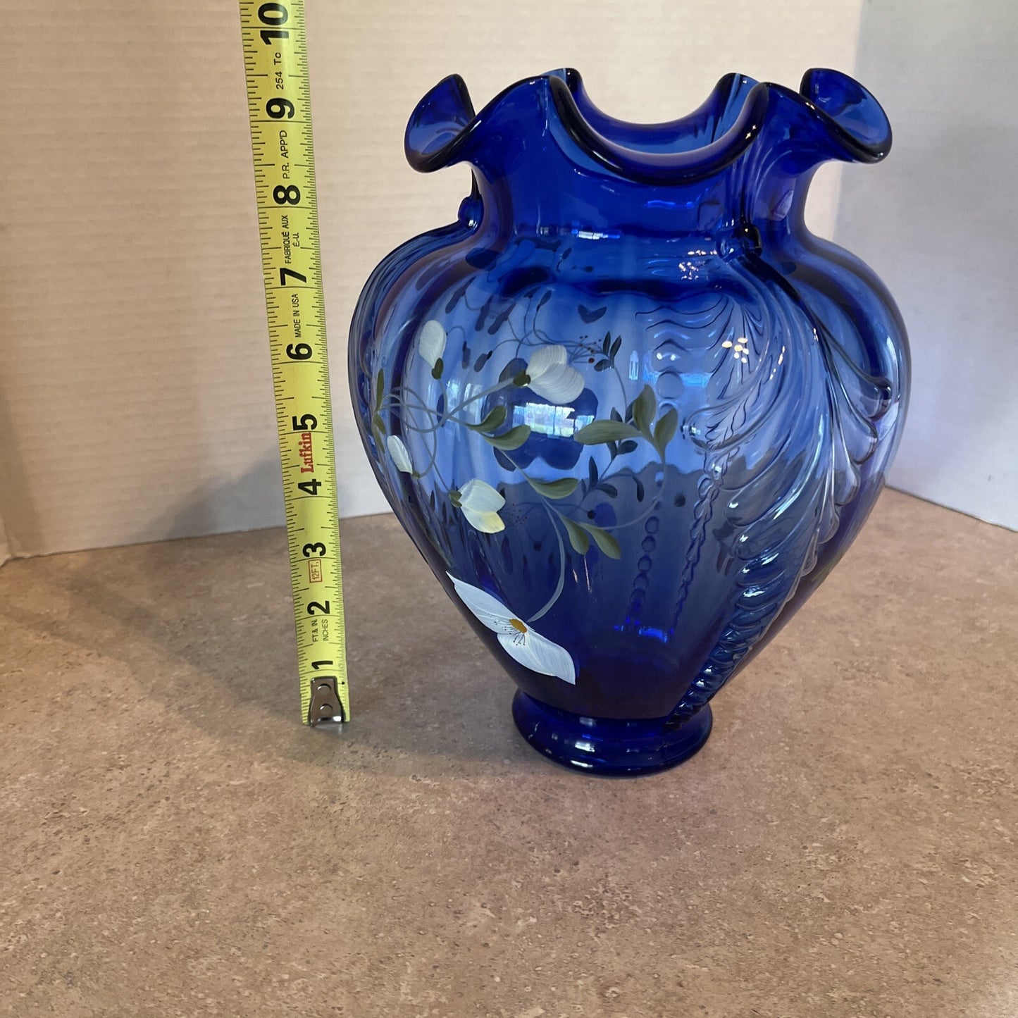 Fenton Glass Cobalt Blue Feathered Belly Vase Signed Shelly Fenton Hand Painted
