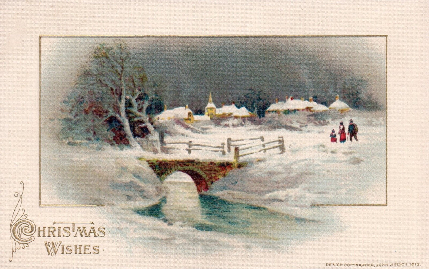 John Winsch Christmas Wishes Snowy Bridge Over Creek Vintage Postcard
