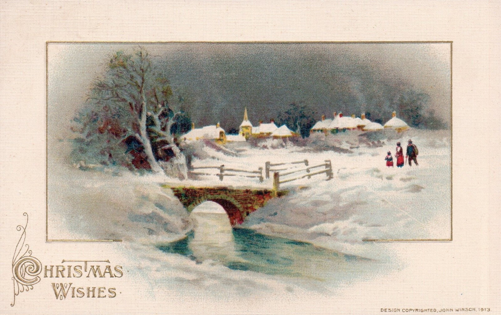 John Winsch Christmas Wishes Snowy Bridge Over Creek Vintage Postcard