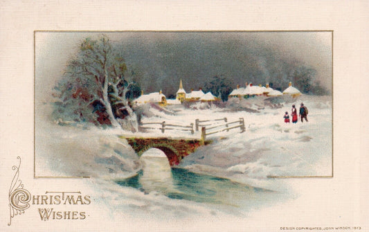 John Winsch Christmas Wishes Snowy Bridge Over Creek Vintage Postcard