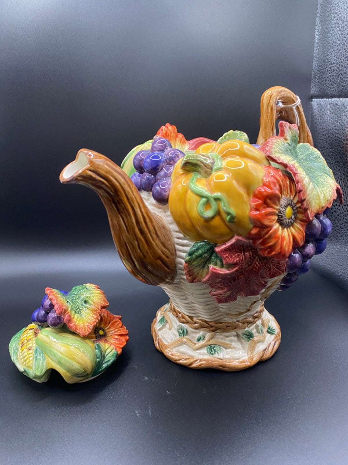 Vintage Fitz And Floyd Harvest Fall Ceramic Pumpkin Grapes Leaf Teapot  1997