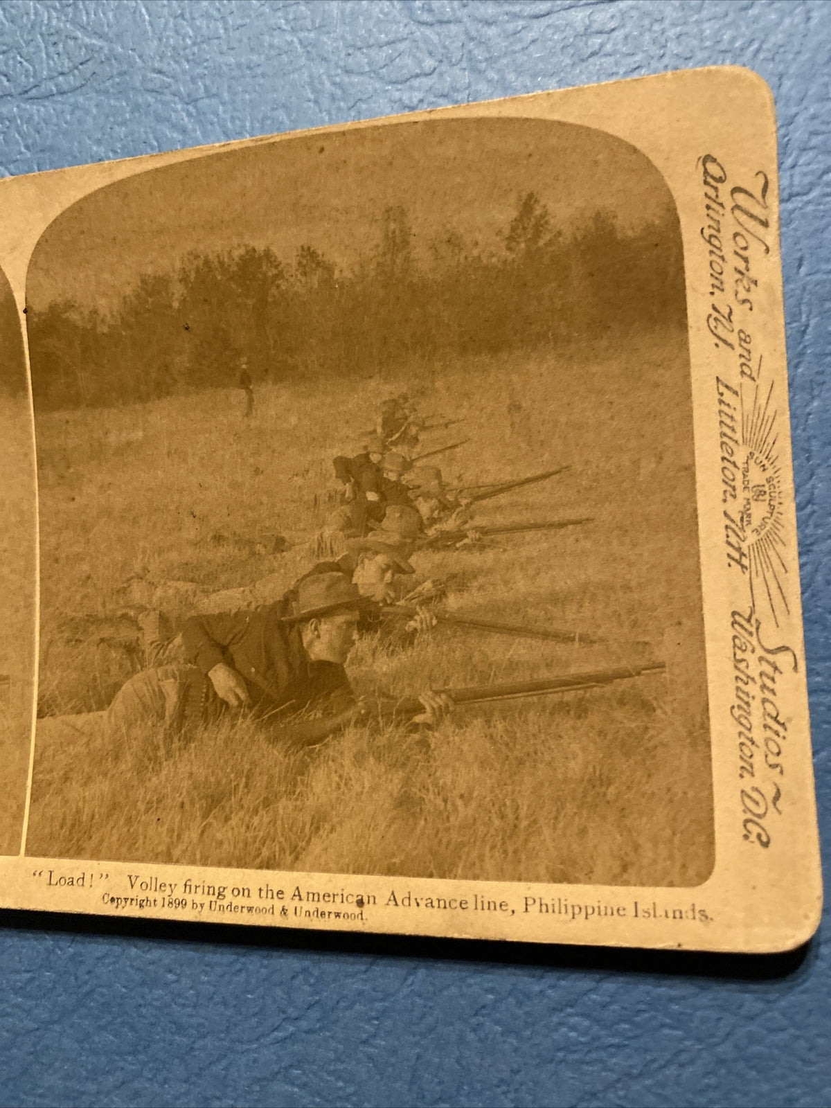 1899 Real Photo Stereoview Volley Firing Philippine Islands Military Soldiers 