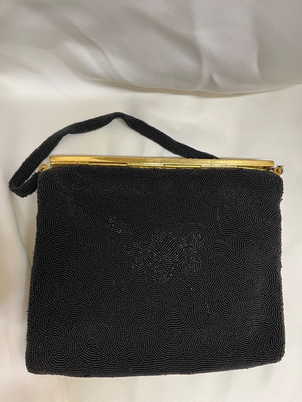 Hand beaded French Walborg 1940s/50s Black evening purse with Cameo inset