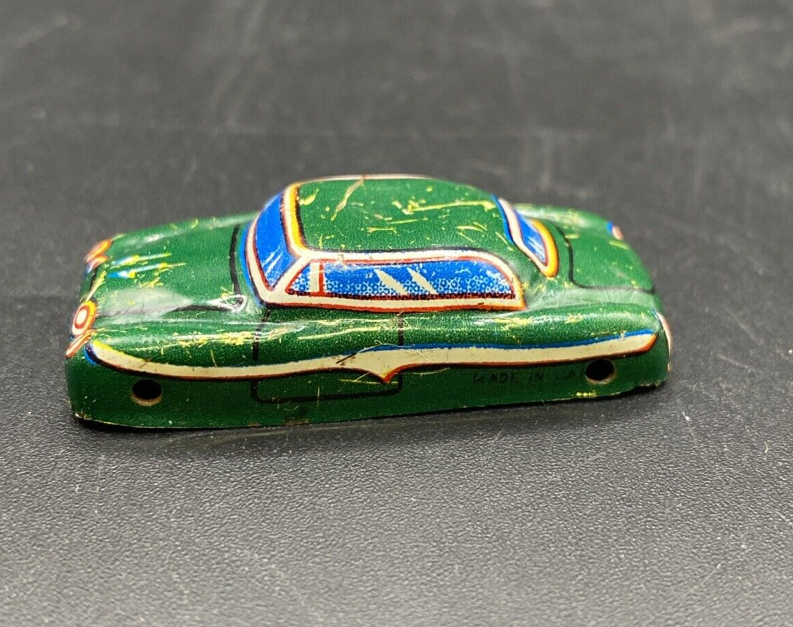 Vintage  Miniature Toy Metal Tin Litho  Green Push Car  Yellow - Japan