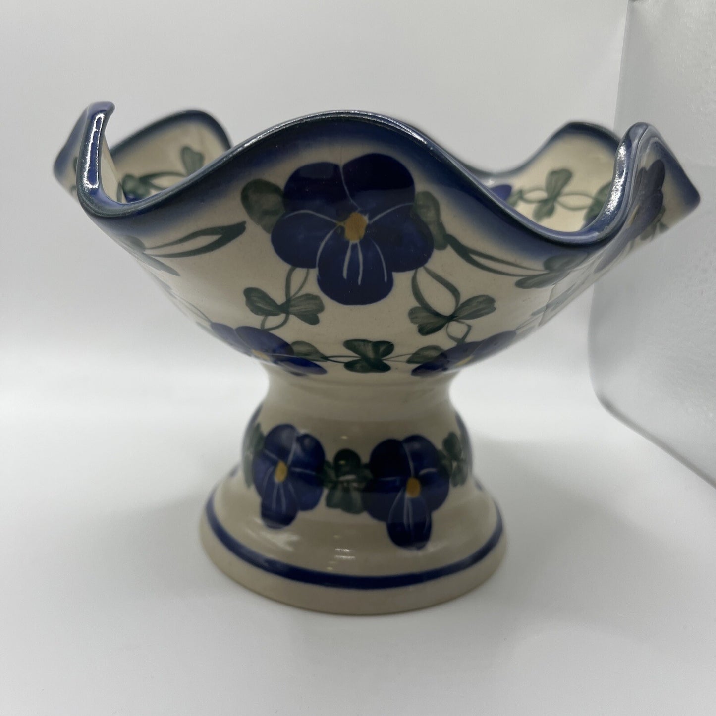 Polish Pottery Bowl With Pedestal Unikat Hand Painted Fluted Fruit Candy Dish