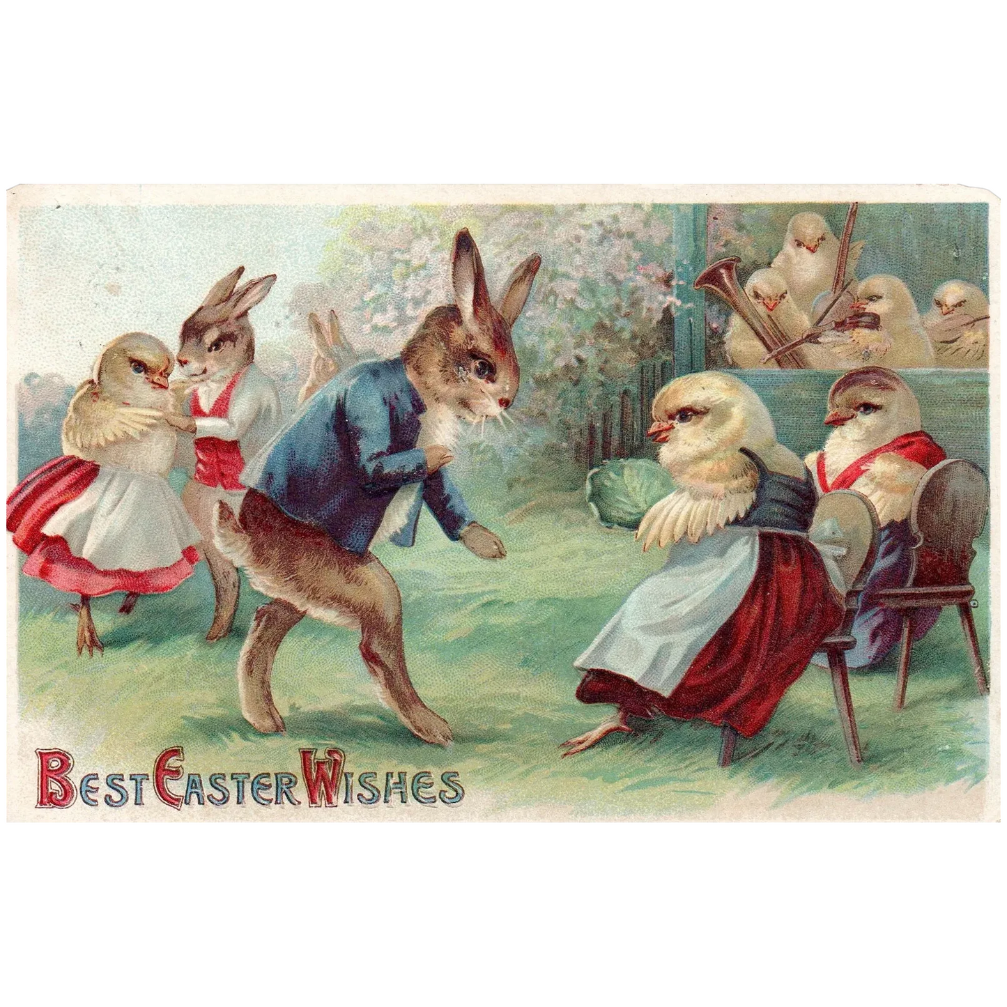 Best Easter Wishes Chicks and Rabbits Dancing Together Vintage Easter Postcard