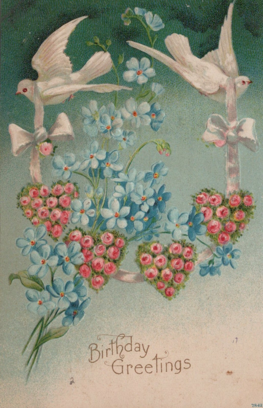 Set of Two White Doves Ribbons Floral Hearts Birthday Animal Bird Postcard 7842