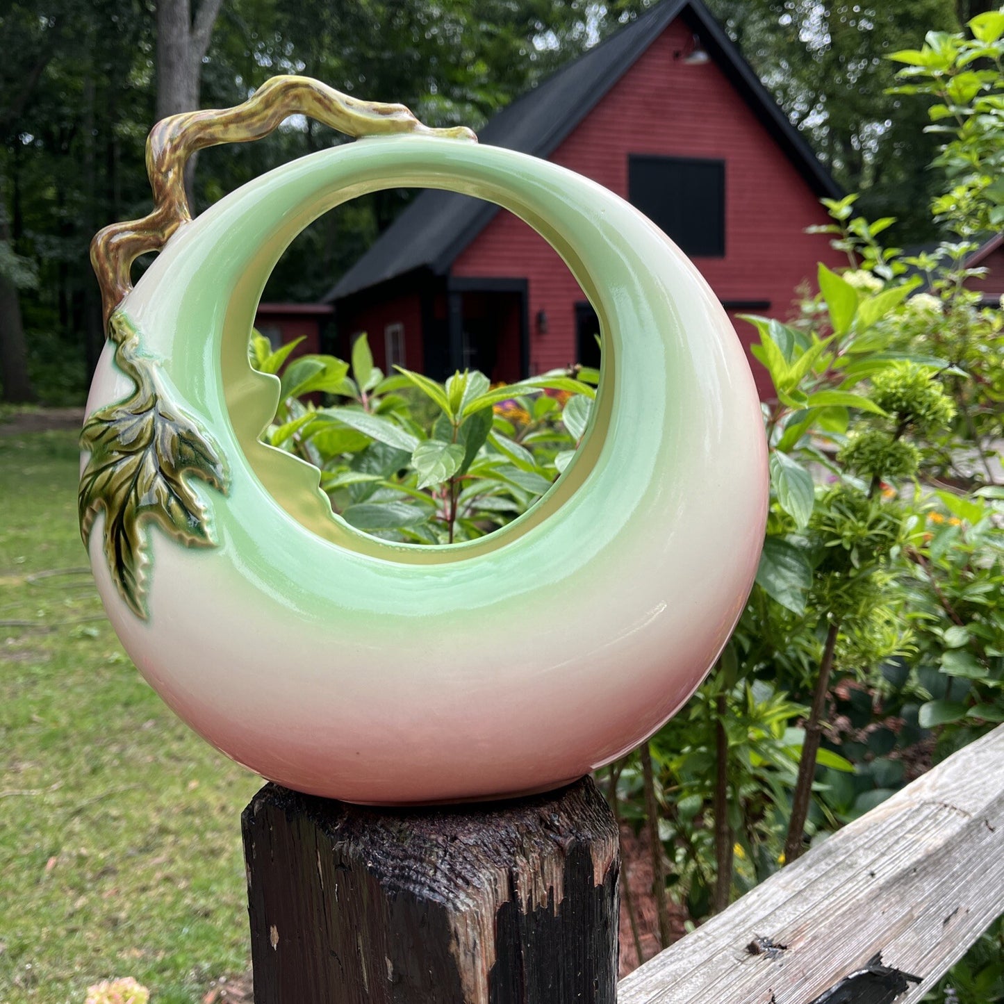 Pottery Tokay Vintage USA  Planter Napkin Fruit Holder Pink Grapes Vine Handle