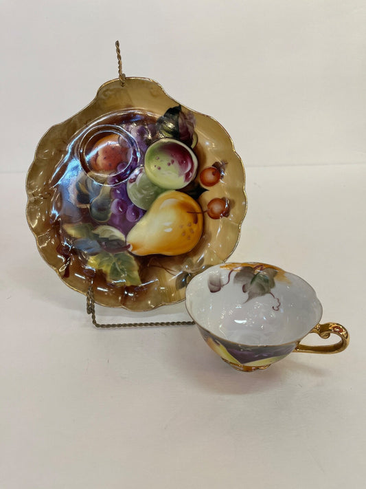 Vintage Lefton China Hand Painted Gold Accent Teacup and Saucer Fruit Pattern 