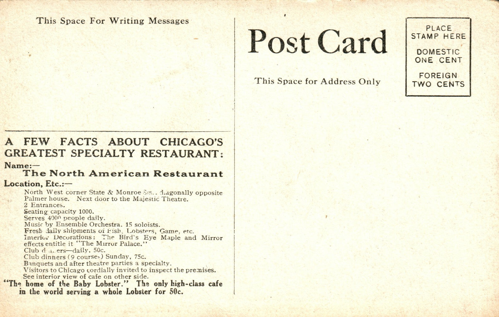 Interior North American Oyster House Restaurant Chicago Illinois Postcard