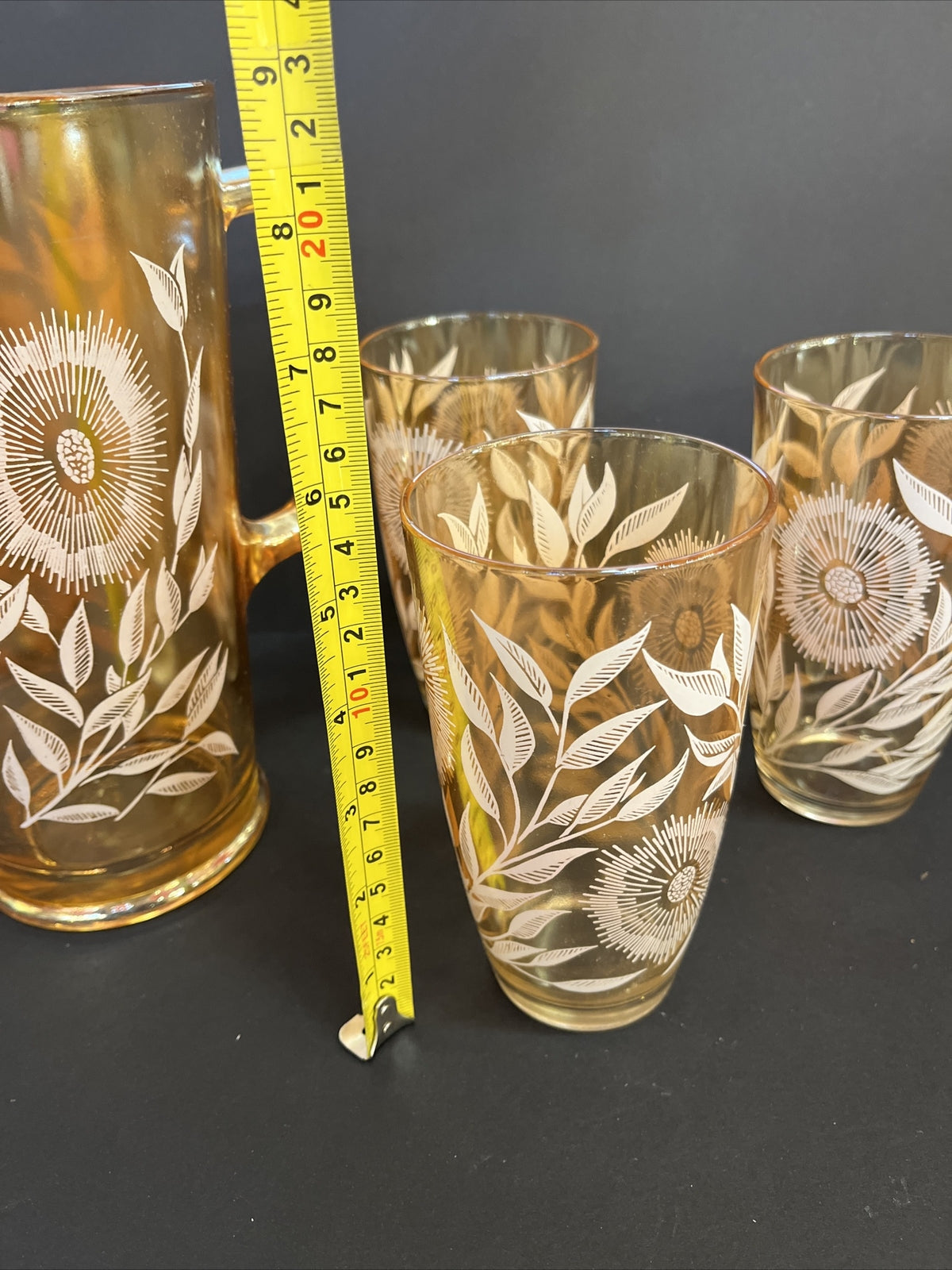 vtg Marigold Carnival Glass Pitcher 9.75" Hand Painted Sun Flowers w/ 2 glasses