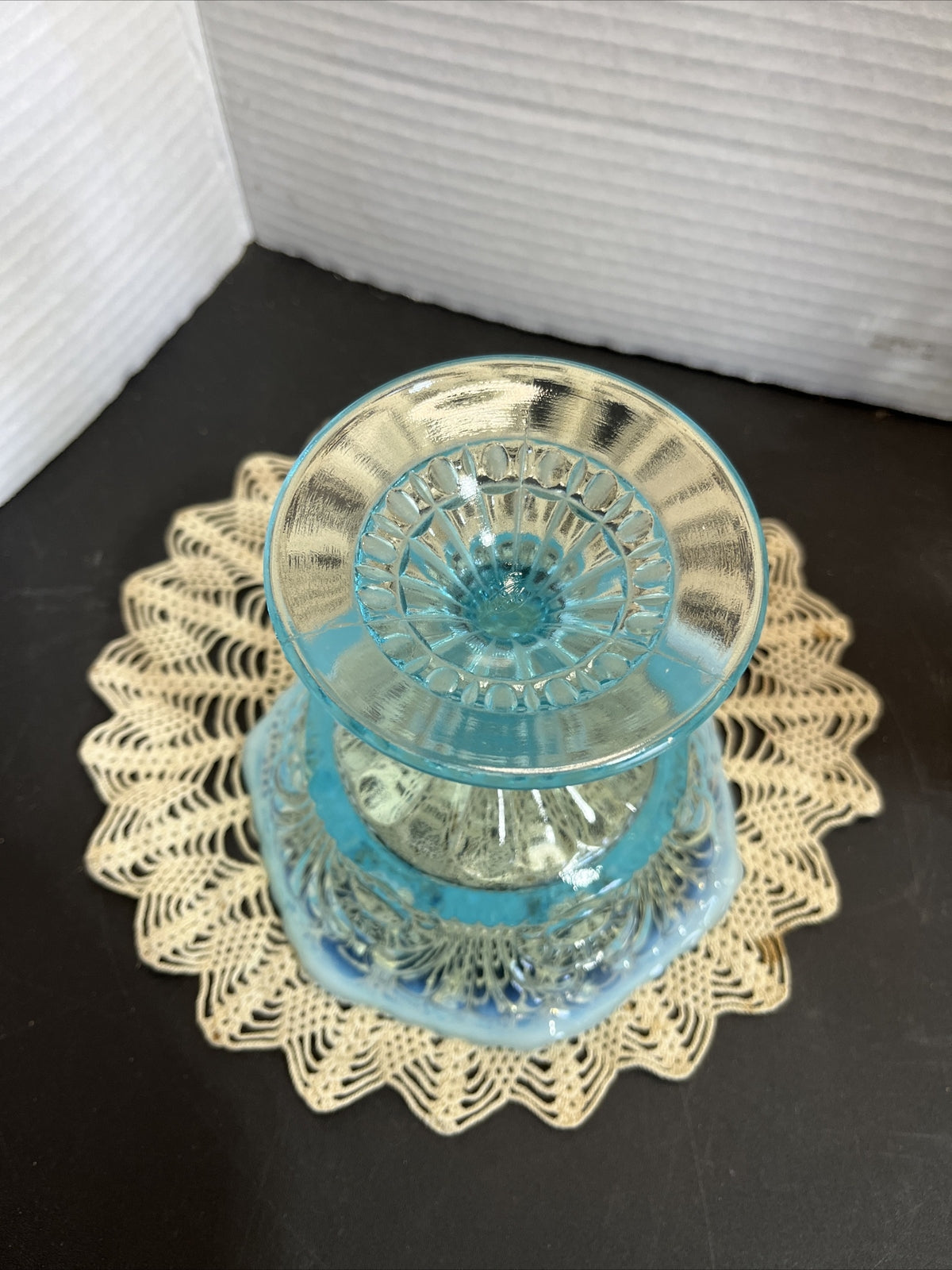 Vintage Blue Fenton Opalescent Glass Pedestal Candy Dish
