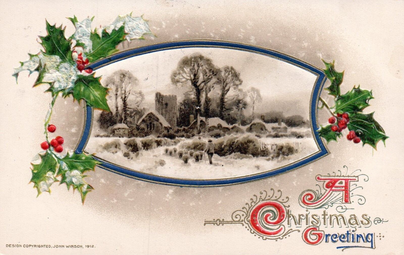 John Winsch A Christmas Greeting B&W Image of Home in Snow Vintage Postcard