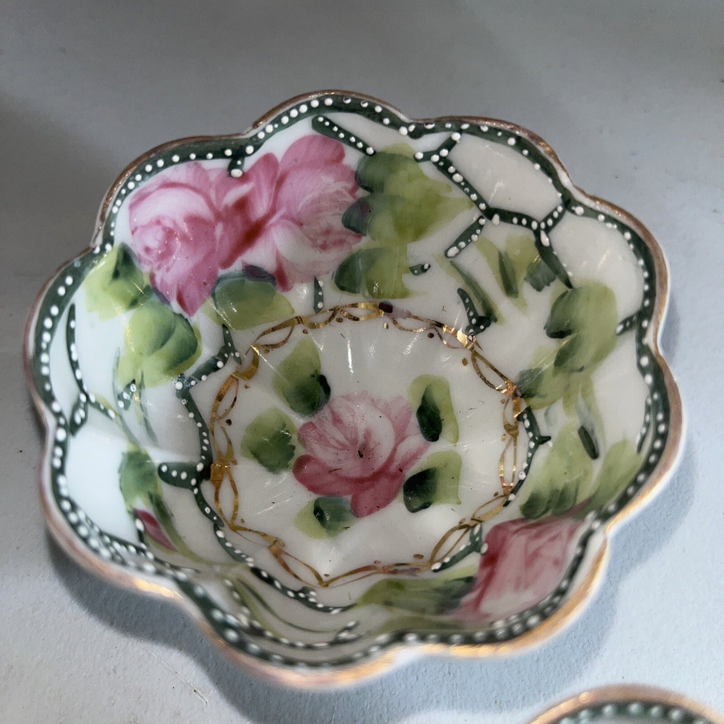 Vintage Antique Nippon Hand Painted Floral Scalloped Gilded Tiny Bowls Set Of 4