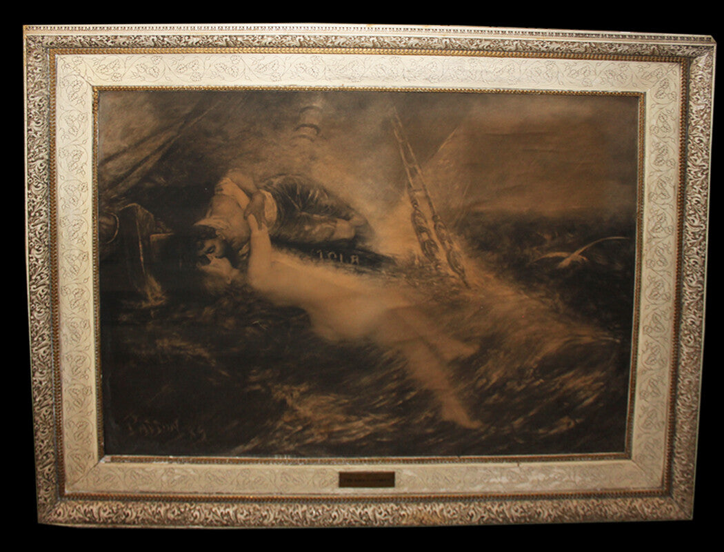 1889 Charcoal on Silk Art "Kiss of The Siren" Artist Signed Patton  CW Post 