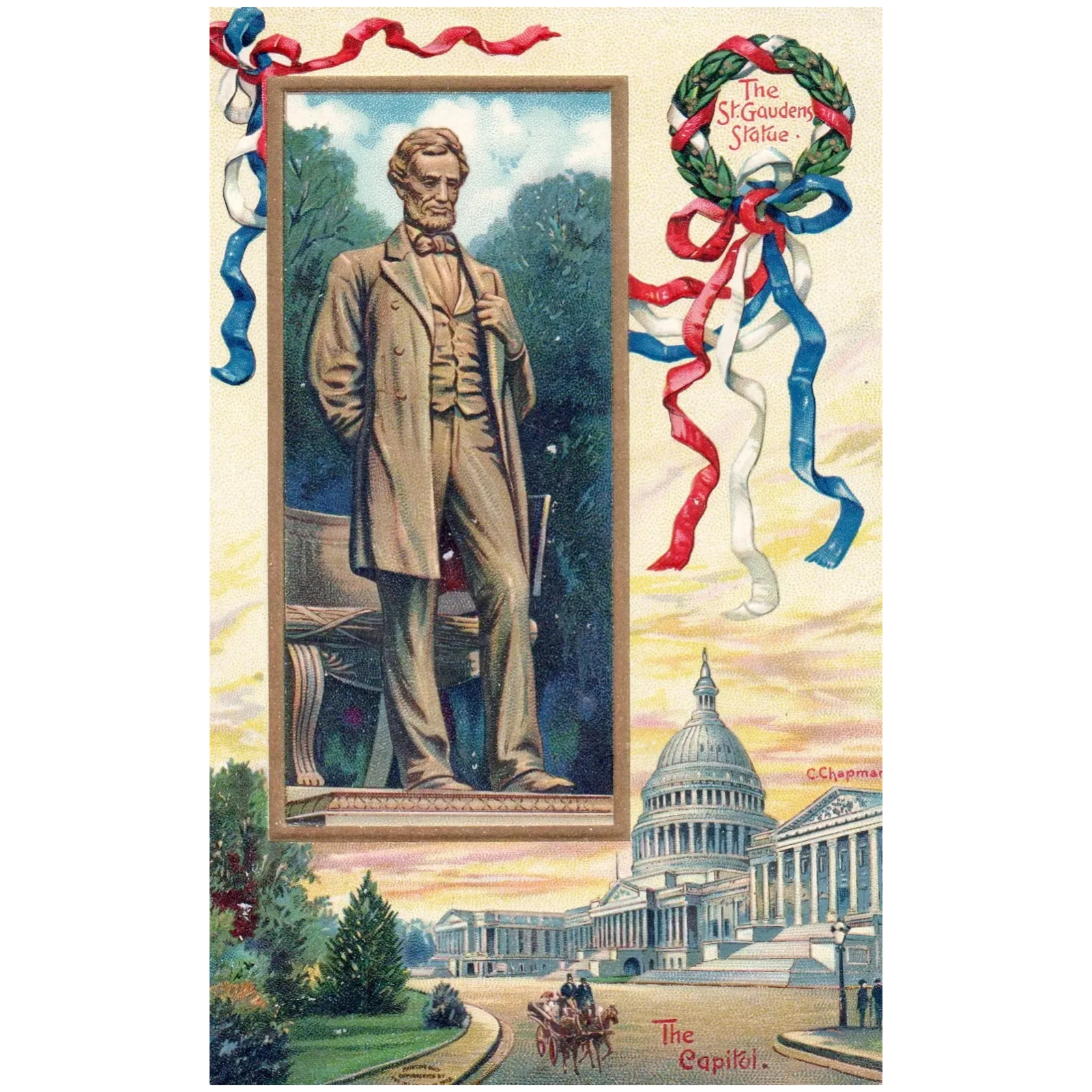 St. Gaudens Statue of Abraham Lincoln & the Capital Building Vintage Postcard