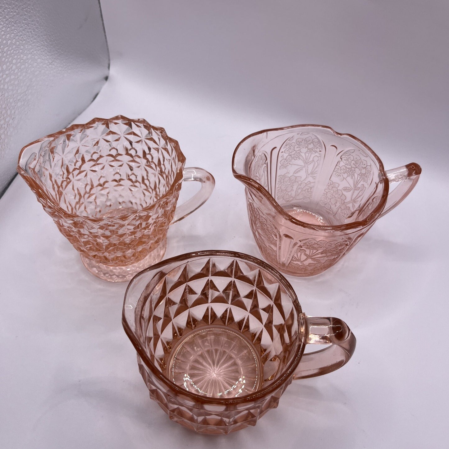 3 Depression Creamer/ Syrup Pitchers Pink Vintage