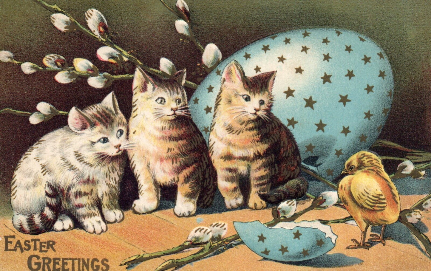 Easter Greetings Kittens Watching Chick Hatch From Egg Vintage Easter Postcard