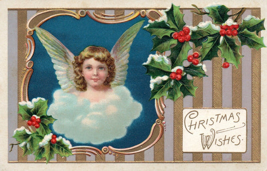Christmas Wishes Angel with Holly Vintage Angel Christmas Postcard