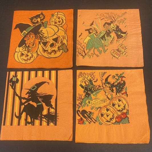 Vintage Orange HALLOWEEN PAPER NAPKIN Lot of 4 ALL WITCHES, Black cats, J.O.L