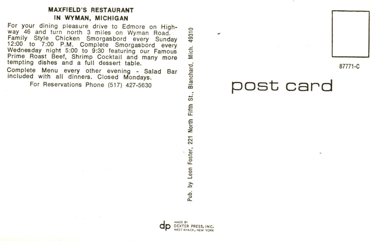 Interior Maxfields Restaurant Wyman MI Mich Michigan Postcard 