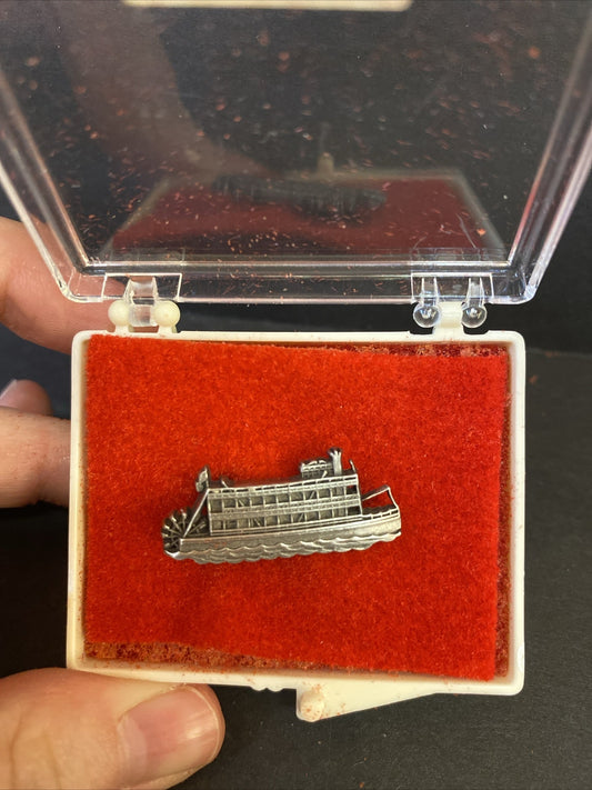 Pewter Lowell Showboat Tie Tack Pin Lowell Michigan Paddle wheel River boat
